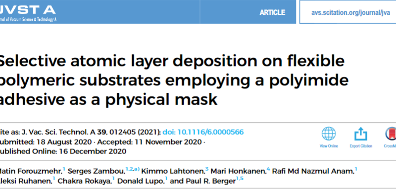 Paper Published on “Selective atomic layer deposition on flexible polymeric substrates employing a polyimide adhesive as a physical mask”